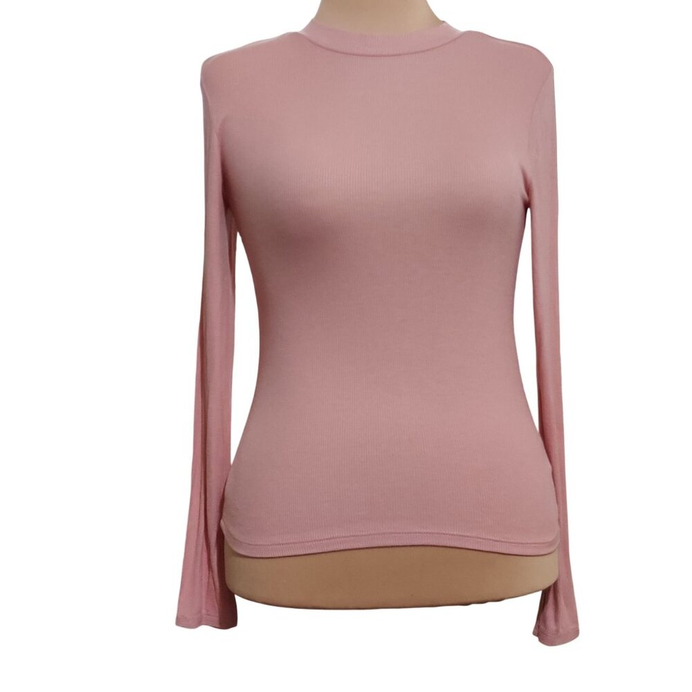 Timing L Pink Ribbed High Neck Top Long Sleeve Lightweight Stretchy Soft Fitted